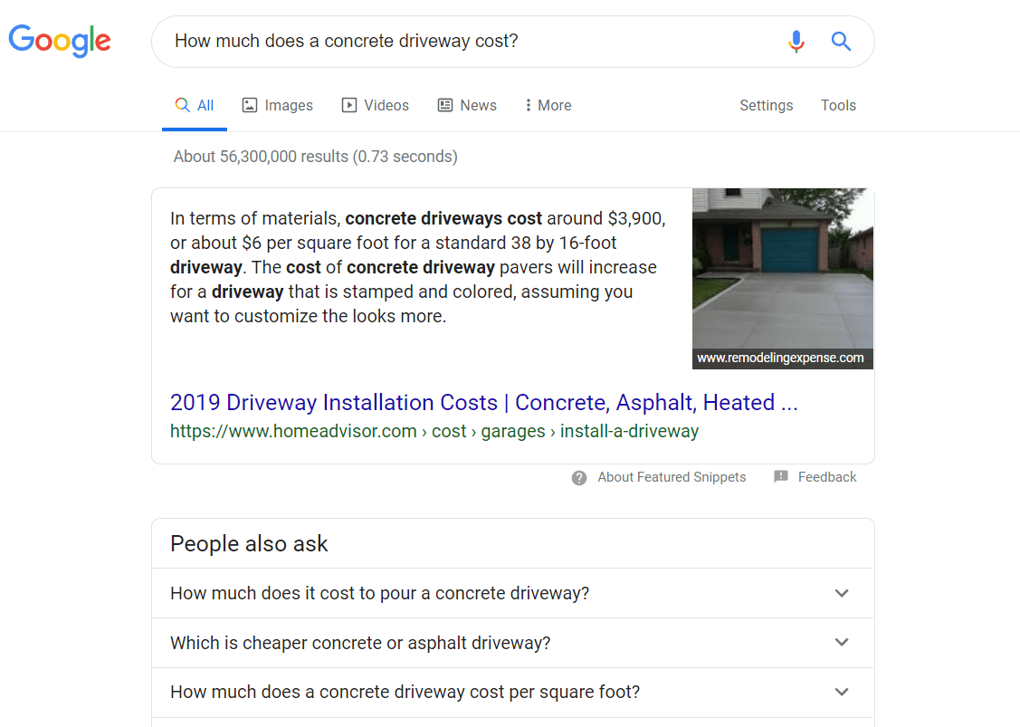 featured snippet on google